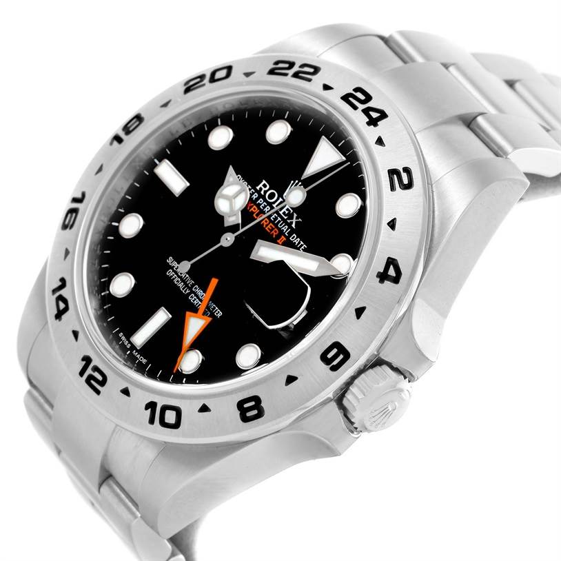 The Rolex Explorer 216570 Men
s Stainless Steel Black Dial 216570 Men
s Stainless Steel Black Dial model watch is shown at an angle highlighting its face, bezel, and bracelet.