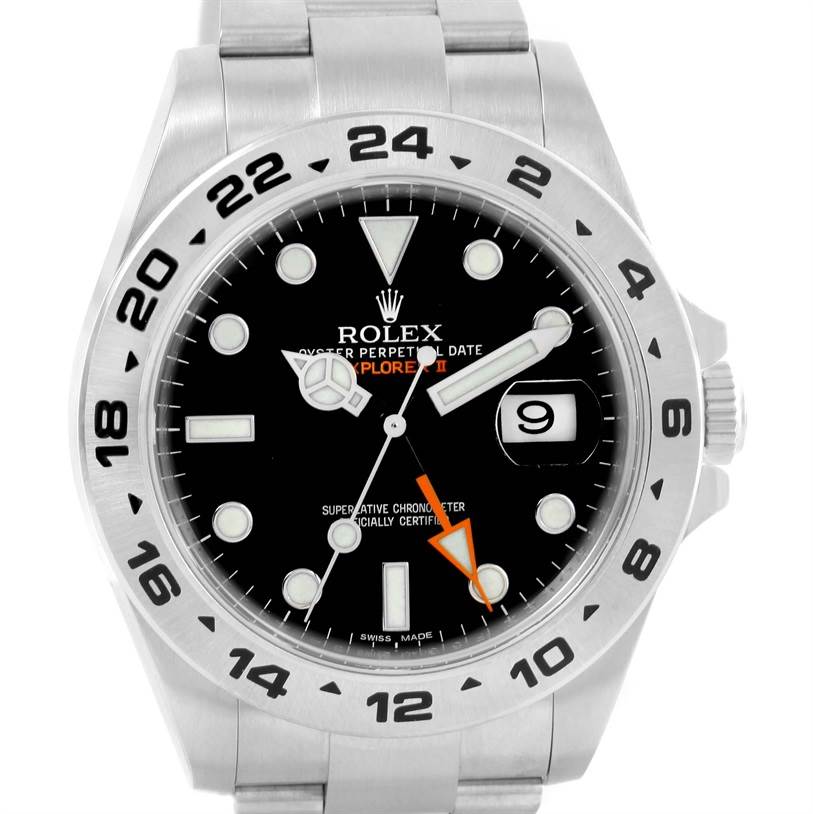 This image shows the front view of a Rolex Explorer 216570 Men
s Stainless Steel Black Dial 216570 Men
s Stainless Steel Black Dial watch, highlighting its dial, bezel, hands, and part of the bracelet.