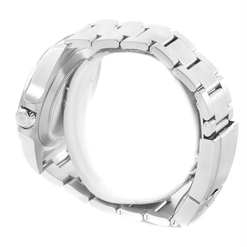 The image shows the side and bracelet of a Rolex Explorer 216570 Men
s Stainless Steel Black Dial 216570 Men
s Stainless Steel Black Dial model watch, highlighting the clasp and part of the case.