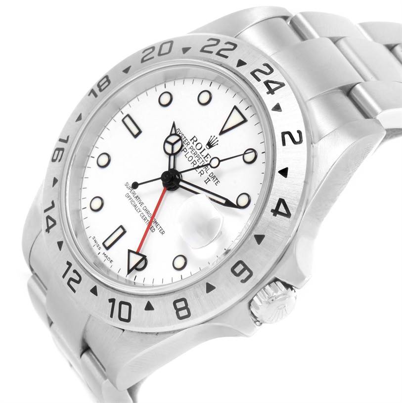 The image shows a Rolex Explorer 16570 Men's Stainless Steel White Dial 16570 Men's Stainless Steel White Dial watch from a slightly angled perspective, highlighting the face, bezel, crown, and part of the bracelet.