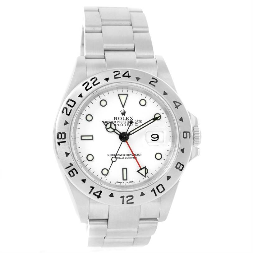 The Rolex Explorer 16570 Men's Stainless Steel White Dial 16570 Men's Stainless Steel White Dial watch is shown from the front, displaying the face, bezel, crown, and bracelet.