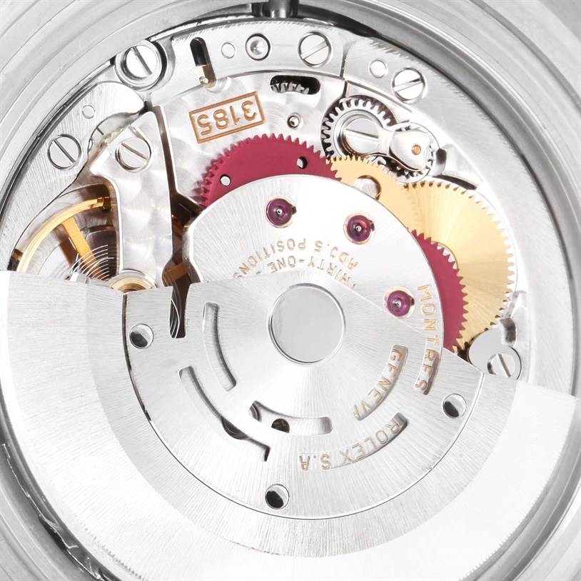 The image shows the movement mechanism of the Rolex Explorer 16570 Men's Stainless Steel White Dial 16570 Men's Stainless Steel White Dial watch at a close-up angle.