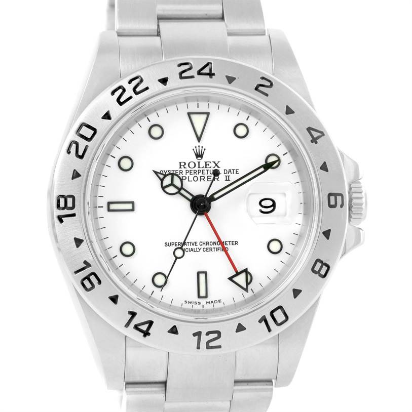The image shows a front view of a Rolex Explorer 16570 Men's Stainless Steel White Dial 16570 Men's Stainless Steel White Dial watch, displaying the dial, hands, date window, and part of the bracelet.