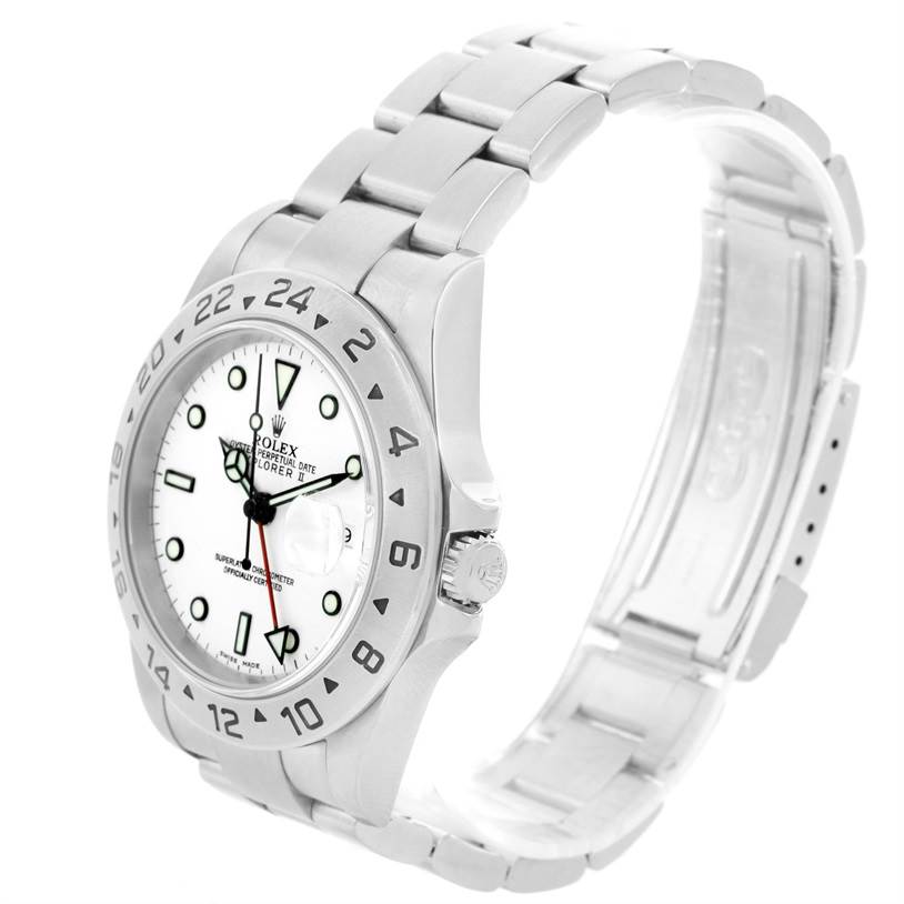 This image shows a side and front angle of a Rolex Explorer 16570 Men's Stainless Steel White Dial 16570 Men's Stainless Steel White Dial watch, highlighting the bezel, dial, crown, and part of the bracelet.