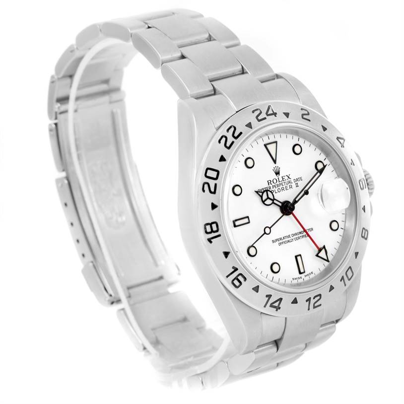 The Rolex Explorer 16570 Men's Stainless Steel White Dial 16570 Men's Stainless Steel White Dial watch is shown at an angled side view, displaying the face, bezel, and bracelet.