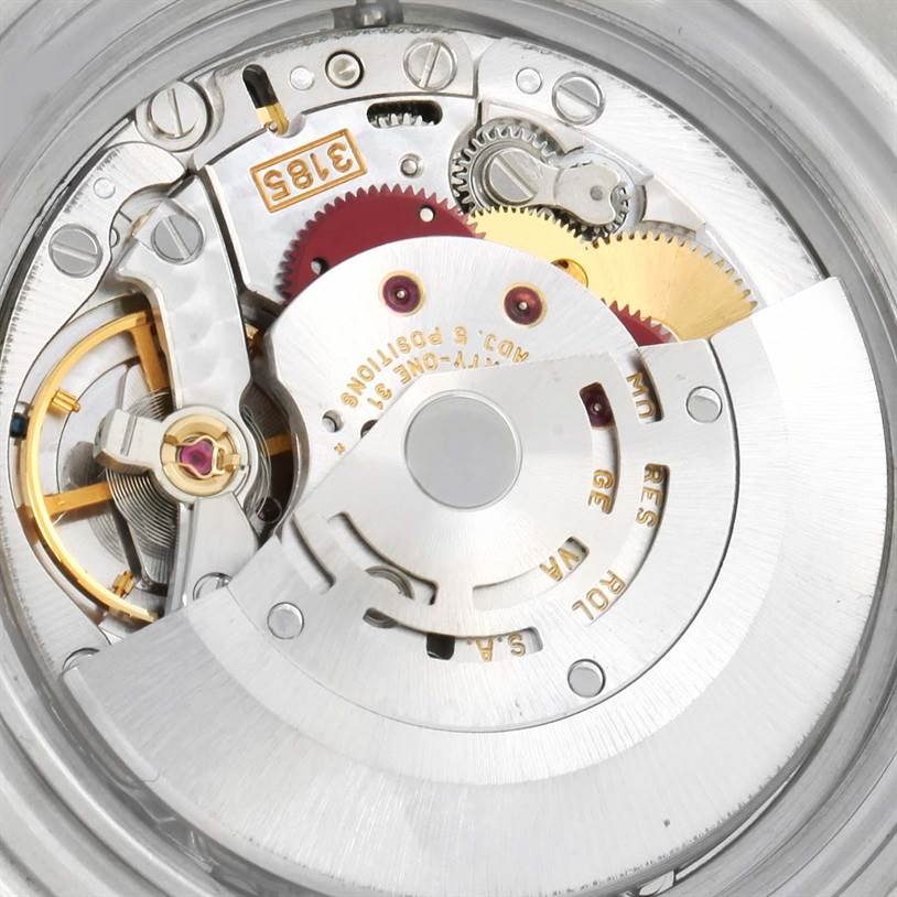 This image shows the intricate inner mechanical workings of a Rolex Explorer 16570 Men's Stainless Steel White Dial 16570 Men's Stainless Steel White Dial watch from a close-up angle.