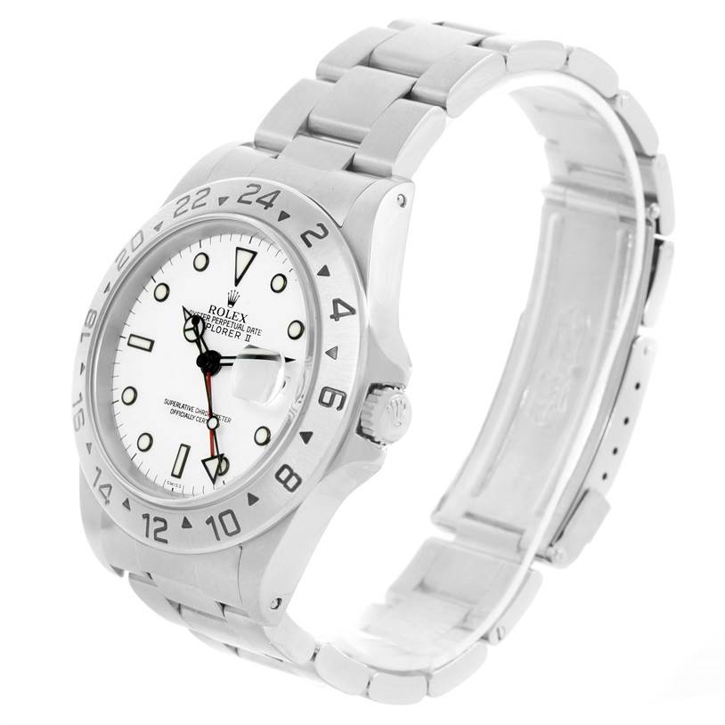 The image shows a side angle of the Rolex Explorer 16570 Men's Stainless Steel White Dial 16570 Men's Stainless Steel White Dial watch featuring the dial, bezel, and bracelet.