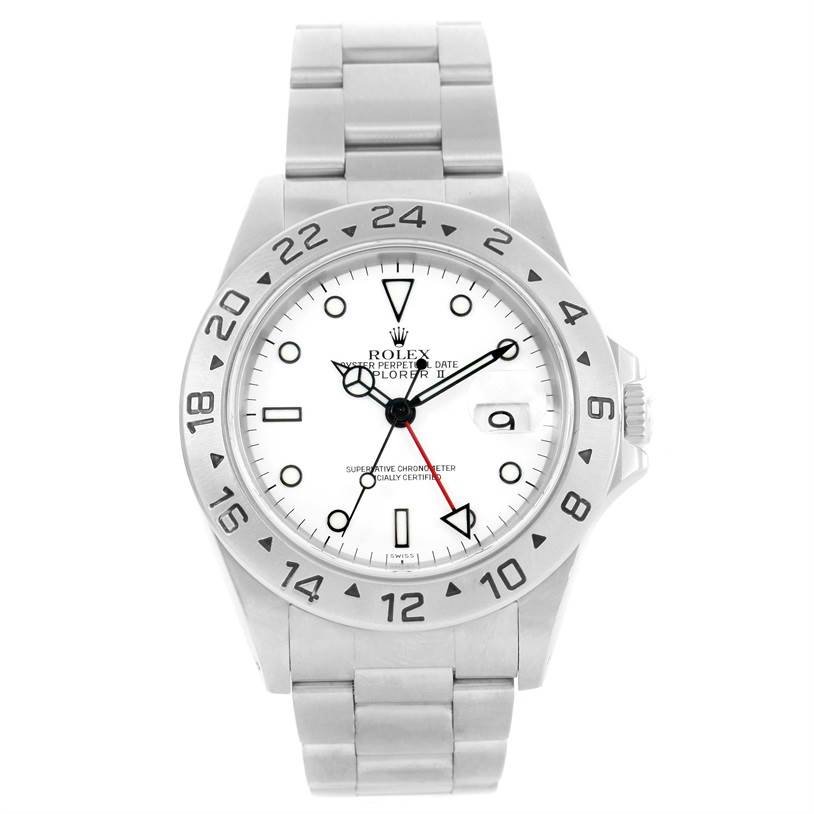 The image shows a frontal view of a Rolex Explorer 16570 Men's Stainless Steel White Dial 16570 Men's Stainless Steel White Dial watch, displaying the dial, bezel, and bracelet.