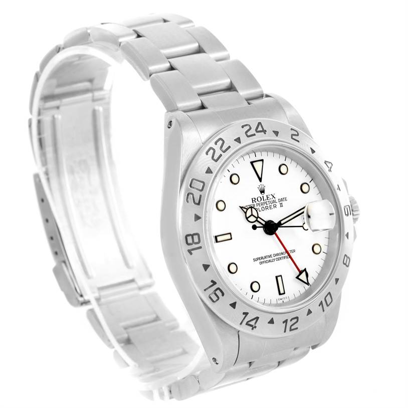 The Rolex Explorer 16570 Men's Stainless Steel White Dial 16570 Men's Stainless Steel White Dial watch is shown at an angle displaying the face, bezel, and partially open metal bracelet.