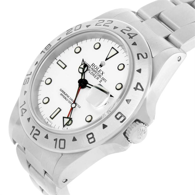 The Rolex Explorer 16570 Men's Stainless Steel White Dial 16570 Men's Stainless Steel White Dial watch is shown at an angled side view, displaying the dial, bezel, bracelet, and crown.