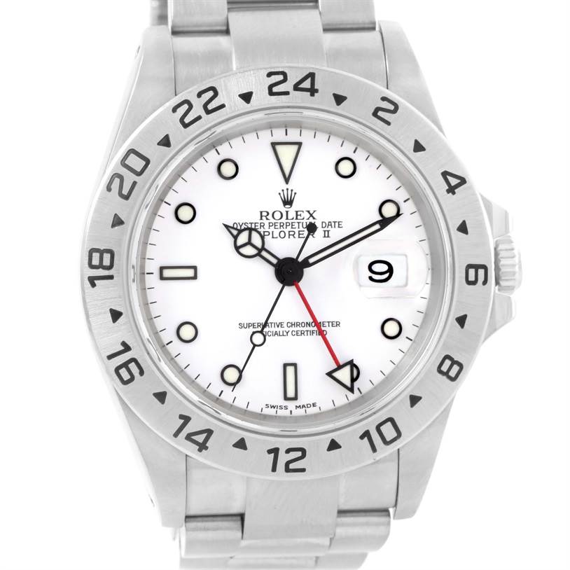 The image shows a frontal view of a Rolex Explorer 16570 Men's Stainless Steel White Dial 16570 Men's Stainless Steel White Dial watch, displaying the face, bezel, and part of the bracelet.