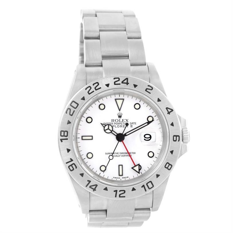 The Rolex Explorer 16570 Men's Stainless Steel White Dial 16570 Men's Stainless Steel White Dial model watch is shown from a front angle, displaying its white dial, bezel, hands, and bracelet.