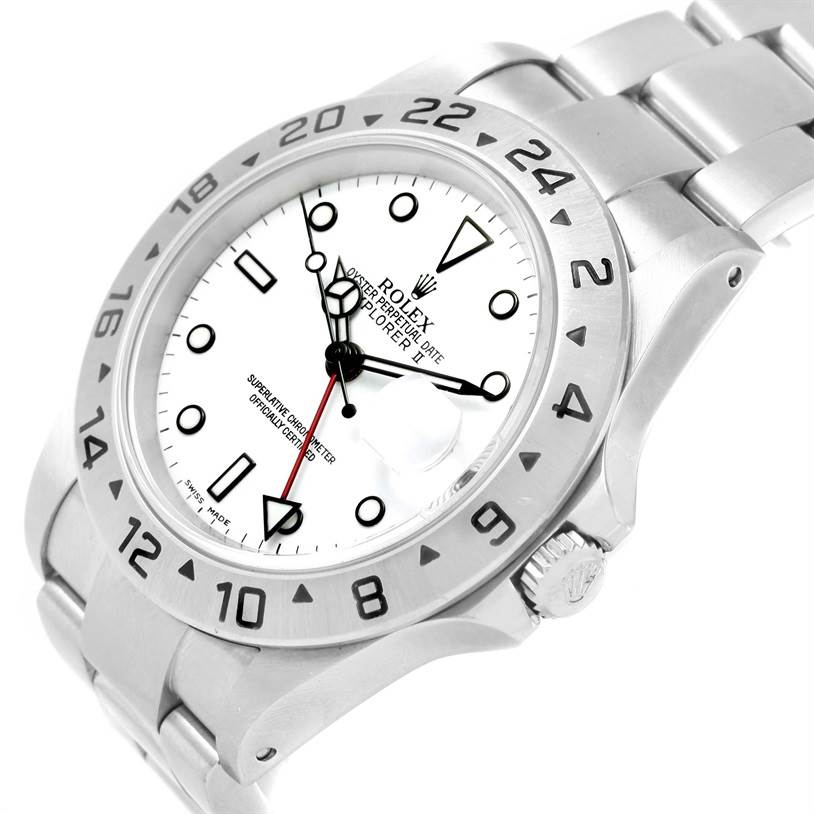 This image shows a Rolex Explorer 16570 Men's Stainless Steel White Dial 16570 Men's Stainless Steel White Dial watch at an angled side view, highlighting the dial, bezel, crown, and bracelet.