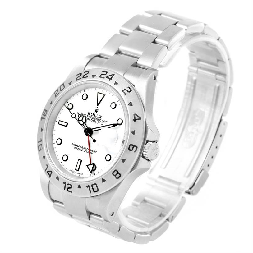 This image shows a Rolex Explorer 16570 Men's Stainless Steel White Dial 16570 Men's Stainless Steel White Dial watch from a three-quarter angle, displaying its face, bezel, and bracelet.