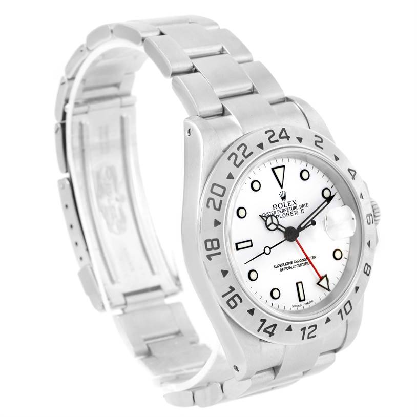 The Rolex Explorer 16570 Men's Stainless Steel White Dial 16570 Men's Stainless Steel White Dial watch is shown at a front-left angle, displaying its face, bezel, and bracelet.