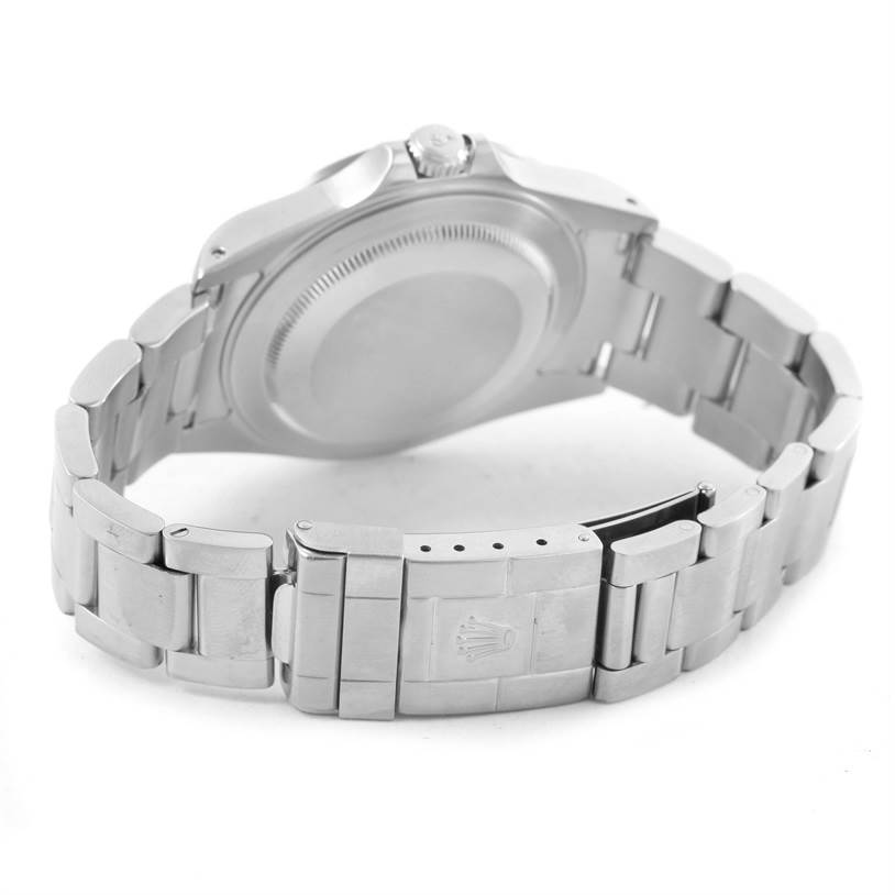 The image shows the back side and bracelet of a Rolex Explorer 16570 Men's Stainless Steel White Dial 16570 Men's Stainless Steel White Dial watch, including the clasp and case back.
