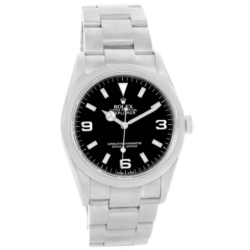 The image shows a front view of the Rolex Explorer 114270 Men's Stainless Steel Black Dial 114270 Men's Stainless Steel Black Dial watch, highlighting its dial, bracelet, and bezel.