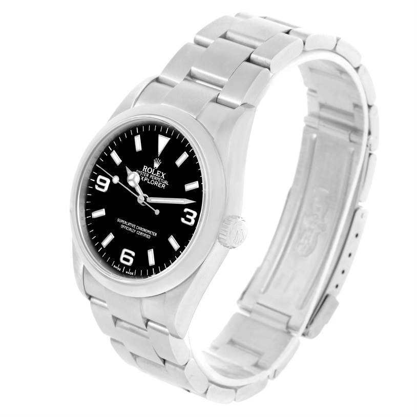 The Rolex Explorer 114270 Men's Stainless Steel Black Dial 114270 Men's Stainless Steel Black Dial watch is shown at an angle displaying the face, crown, and part of the bracelet.