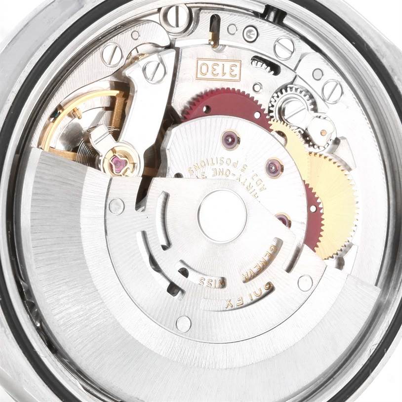 This image shows the internal mechanism of a Rolex Explorer 114270 Men's Stainless Steel Black Dial 114270 Men's Stainless Steel Black Dial watch viewed from the case back.