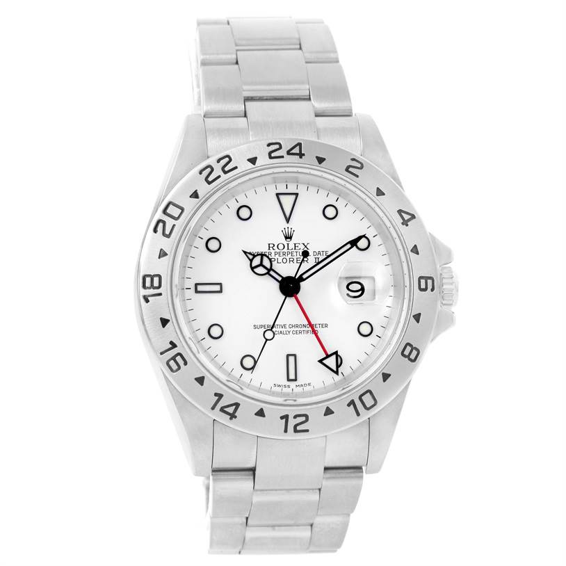 The image shows a front view of a Rolex Explorer 16570 Men's Stainless Steel White Dial 16570 Men's Stainless Steel White Dial watch, highlighting the dial, bezel, and bracelet.