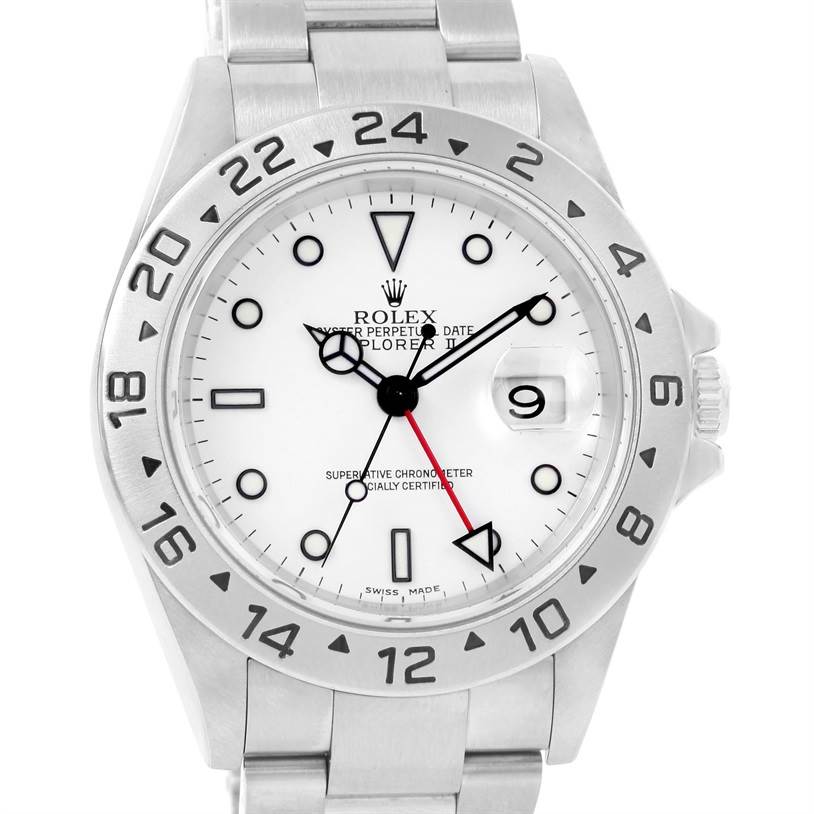 This image shows the face and bezel of a Rolex Explorer 16570 Men's Stainless Steel White Dial 16570 Men's Stainless Steel White Dial watch, including hour markers, hands, and date window.