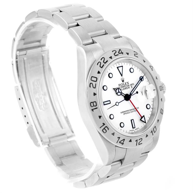 The image shows a Rolex Explorer 16570 Men's Stainless Steel White Dial 16570 Men's Stainless Steel White Dial watch at a slight angle, highlighting its face, bezel, case, and part of the bracelet.