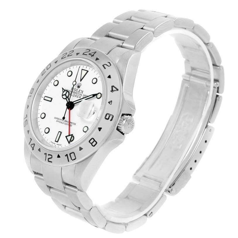 This image shows a Rolex Explorer 16570 Men's Stainless Steel White Dial 16570 Men's Stainless Steel White Dial watch from an angled front view, highlighting its face, bezel, crown, and bracelet.