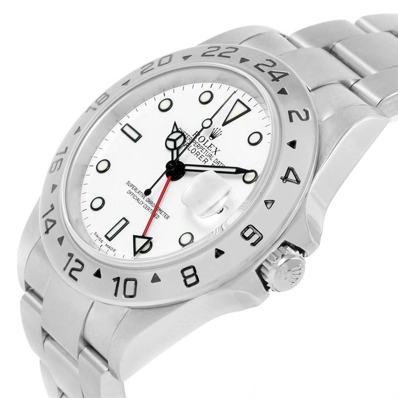 The image displays a Rolex Explorer 16570 Men's Stainless Steel White Dial 16570 Men's Stainless Steel White Dial watch at an angled view, showing its dial, bezel, bracelet, and crown.