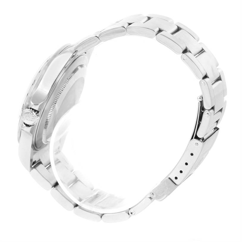 The image shows a side view of the Rolex Explorer 16570 Men's Stainless Steel White Dial 16570 Men's Stainless Steel White Dial watch, focusing on its metal bracelet and case side.