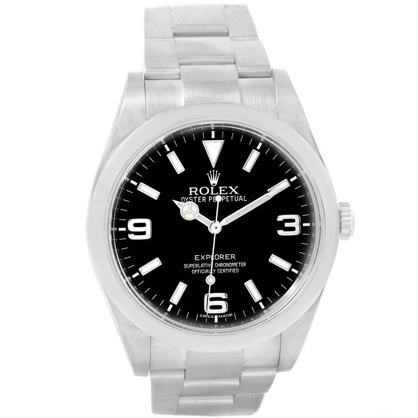 This image shows a front view of a Rolex Explorer 214270 Men's Stainless Steel Black Dial 214270 Men's Stainless Steel Black Dial model watch, highlighting the dial, hour markers, and stainless steel bracelet.