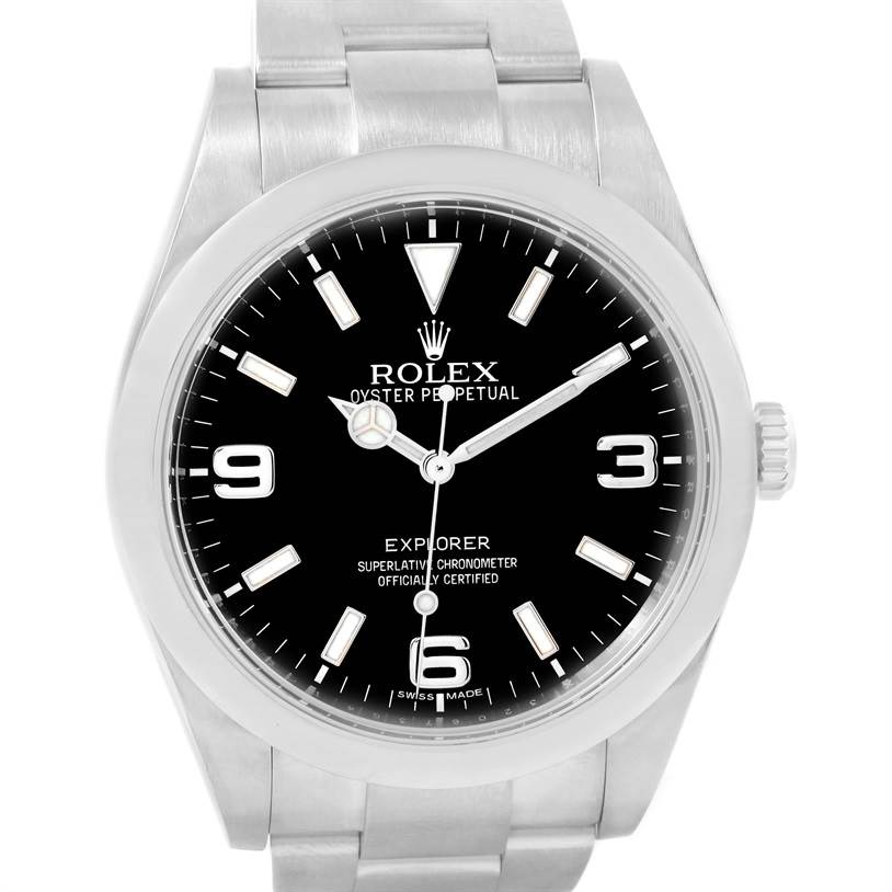 The image shows a front view of the Rolex Explorer 214270 Men's Stainless Steel Black Dial 214270 Men's Stainless Steel Black Dial watch, displaying its dial, hands, bracelet, and crown.
