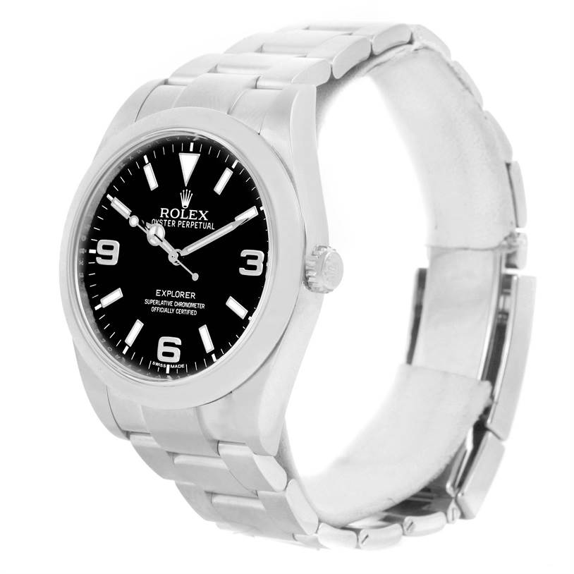 The image shows a side angle of a Rolex Explorer 214270 Men's Stainless Steel Black Dial 214270 Men's Stainless Steel Black Dial watch, highlighting the dial, bezel, crown, and bracelet.