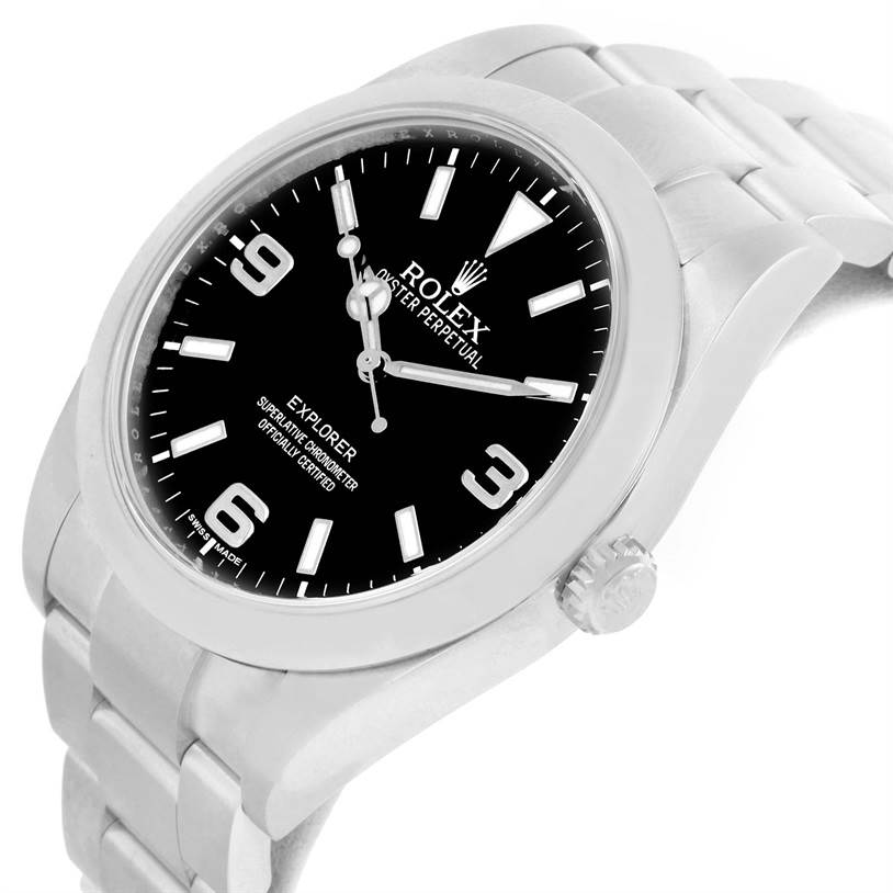 This image shows a Rolex Explorer 214270 Men's Stainless Steel Black Dial 214270 Men's Stainless Steel Black Dial watch from a slight angle, highlighting its black dial, silver case, crown, and part of the bracelet.