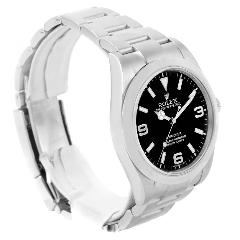 The image shows a side view of the Rolex Explorer 214270 Men's Stainless Steel Black Dial 214270 Men's Stainless Steel Black Dial model's face and bracelet in a three-quarter angle.