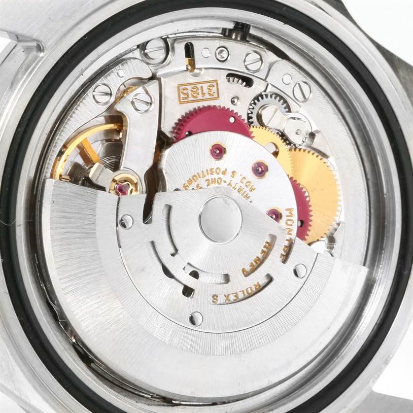 The image shows a close-up of the movement and internal mechanics of the Rolex Explorer 16570 Men's Stainless Steel White Dial 16570 Men's Stainless Steel White Dial watch.