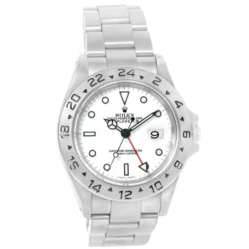 This Rolex Explorer 16570 Men's Stainless Steel White Dial 16570 Men's Stainless Steel White Dial watch is shown from a front angle, highlighting its bezel, face, hands, and bracelet.