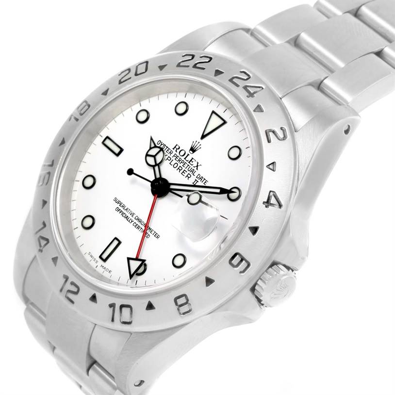 The image shows a close-up of the Rolex Explorer 16570 Men's Stainless Steel White Dial 16570 Men's Stainless Steel White Dial model watch from a side angle, highlighting the bezel, dial, and bracelet.