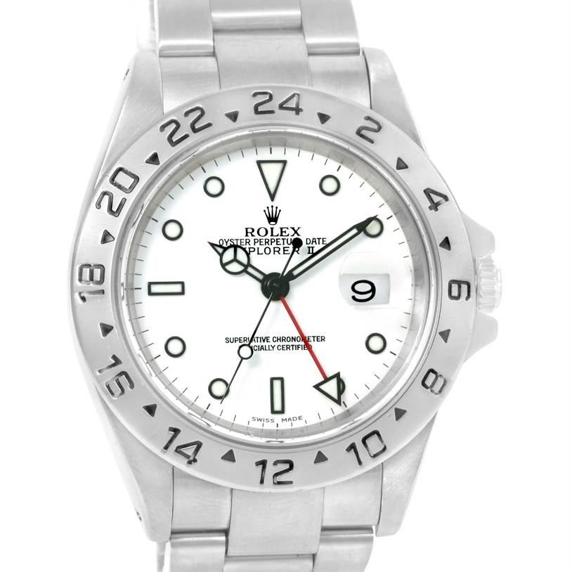 The image shows a front view of the Rolex Explorer 16570 Men's Stainless Steel White Dial 16570 Men's Stainless Steel White Dial watch, highlighting its white dial, date window, and stainless steel bracelet.