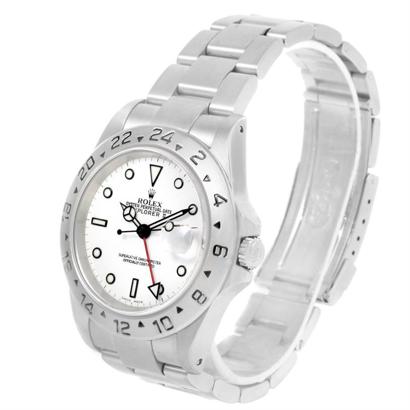 The image showcases a Rolex Explorer 16570 Men's Stainless Steel White Dial 16570 Men's Stainless Steel White Dial watch at a slightly tilted angle, highlighting its dial, bezel, bracelet, and crown.