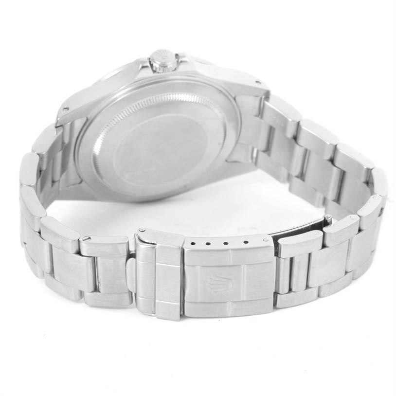 The image shows the back case and bracelet of a Rolex Explorer 16570 Men's Stainless Steel White Dial 16570 Men's Stainless Steel White Dial watch from a rear angle.