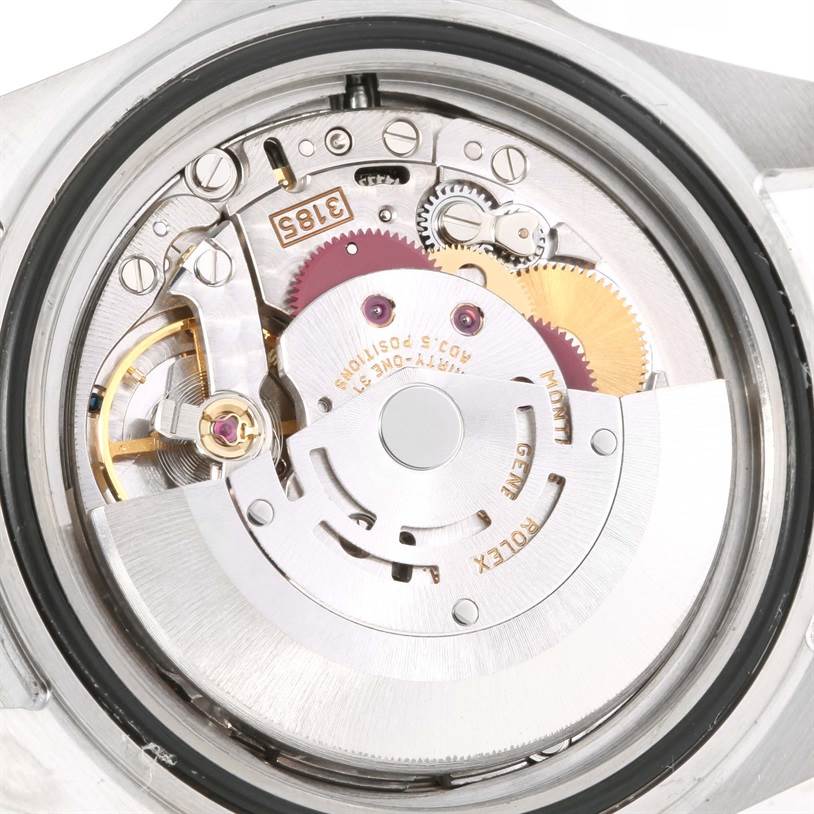 This image shows a close-up view of the movement mechanism of a Rolex Explorer 16570 Men's Stainless Steel White Dial 16570 Men's Stainless Steel White Dial watch.