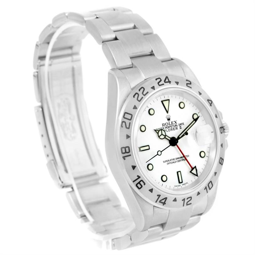 This image shows a Rolex Explorer 16570 Men's Stainless Steel White Dial 16570 Men's Stainless Steel White Dial watch angled to display the face, bezel, band, and part of the clasp.