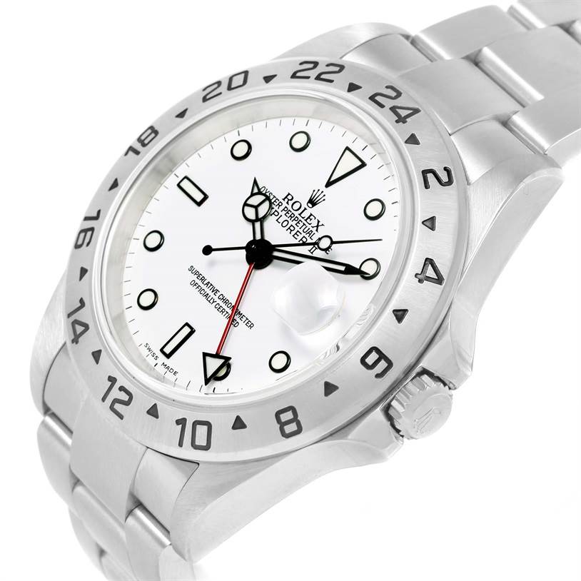 The Rolex Explorer 16570 Men's Stainless Steel White Dial 16570 Men's Stainless Steel White Dial watch is shown at an angle, highlighting the bezel, dial, hour markers, and bracelet.