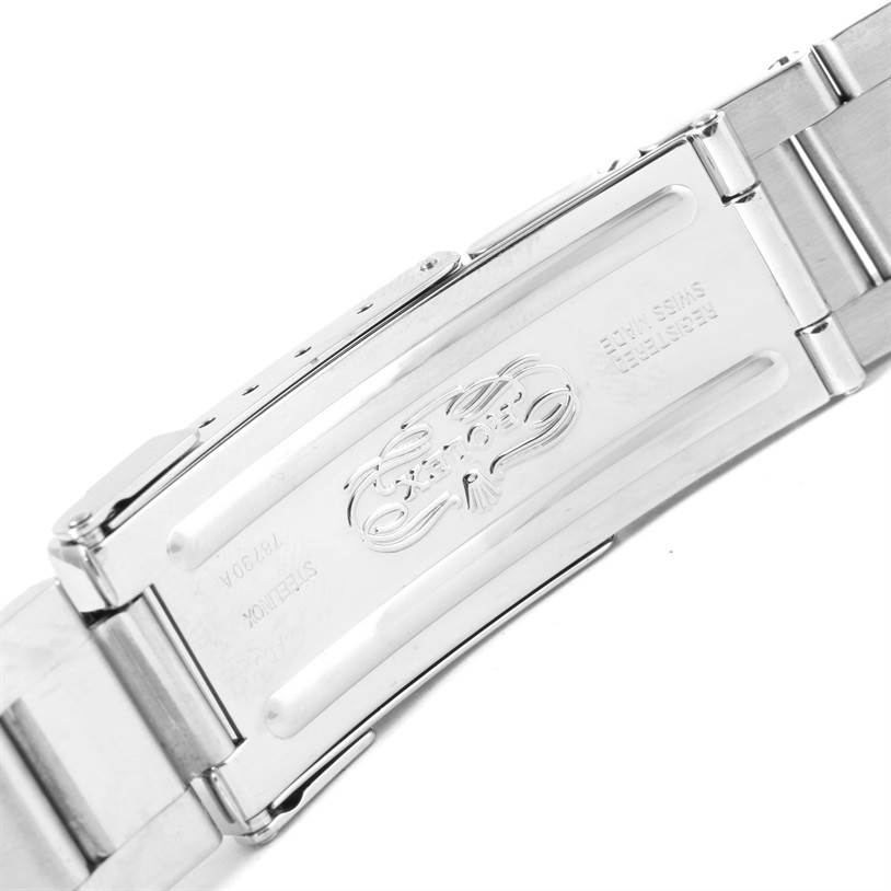 This image shows a close-up of the clasp and part of the bracelet of a Rolex Explorer 16570 Men's Stainless Steel White Dial 16570 Men's Stainless Steel White Dial watch.