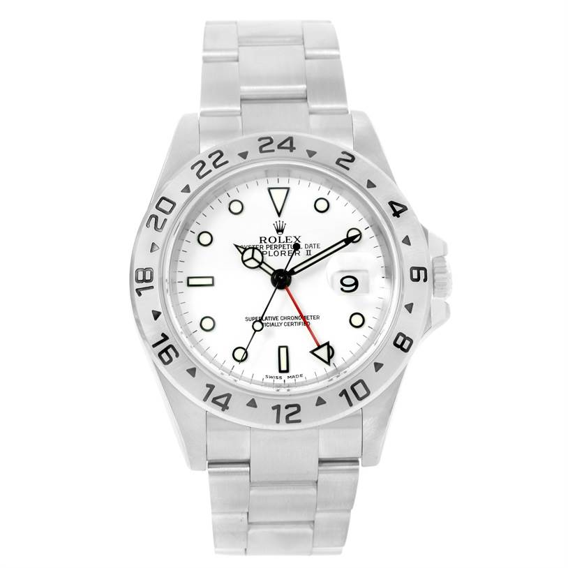 The Rolex Explorer 16570 Men's Stainless Steel White Dial 16570 Men's Stainless Steel White Dial model is shown from a front view, displaying the watch face, bezel, and bracelet.