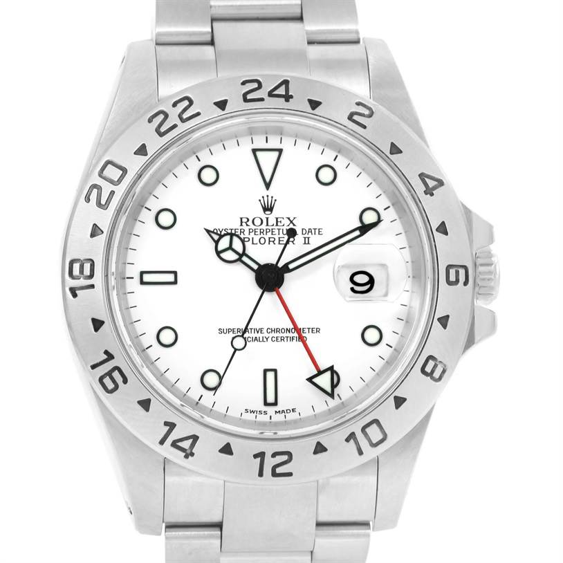 The image shows the face, dial, and bezel of a Rolex Explorer 16570 Men's Stainless Steel White Dial 16570 Men's Stainless Steel White Dial watch with a white dial and date display.