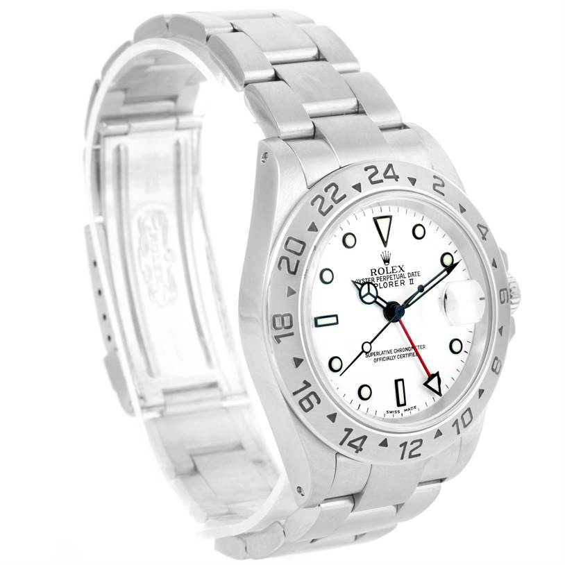 The image shows a side angle of a Rolex Explorer 16570 Men's Stainless Steel White Dial 16570 Men's Stainless Steel White Dial watch, displaying its dial, bezel, and bracelet.