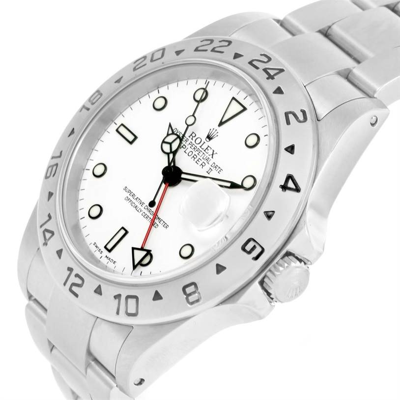 The image shows a Rolex Explorer 16570 Men's Stainless Steel White Dial 16570 Men's Stainless Steel White Dial model watch at an angled view, highlighting the face, bezel, crown, and part of the bracelet.