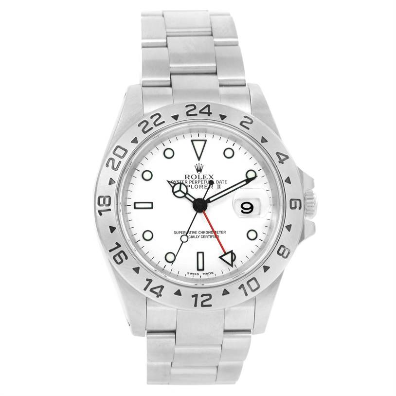 The image shows a full frontal view of a Rolex Explorer 16570 Men's Stainless Steel White Dial 16570 Men's Stainless Steel White Dial watch, displaying the dial, bezel, and bracelet.
