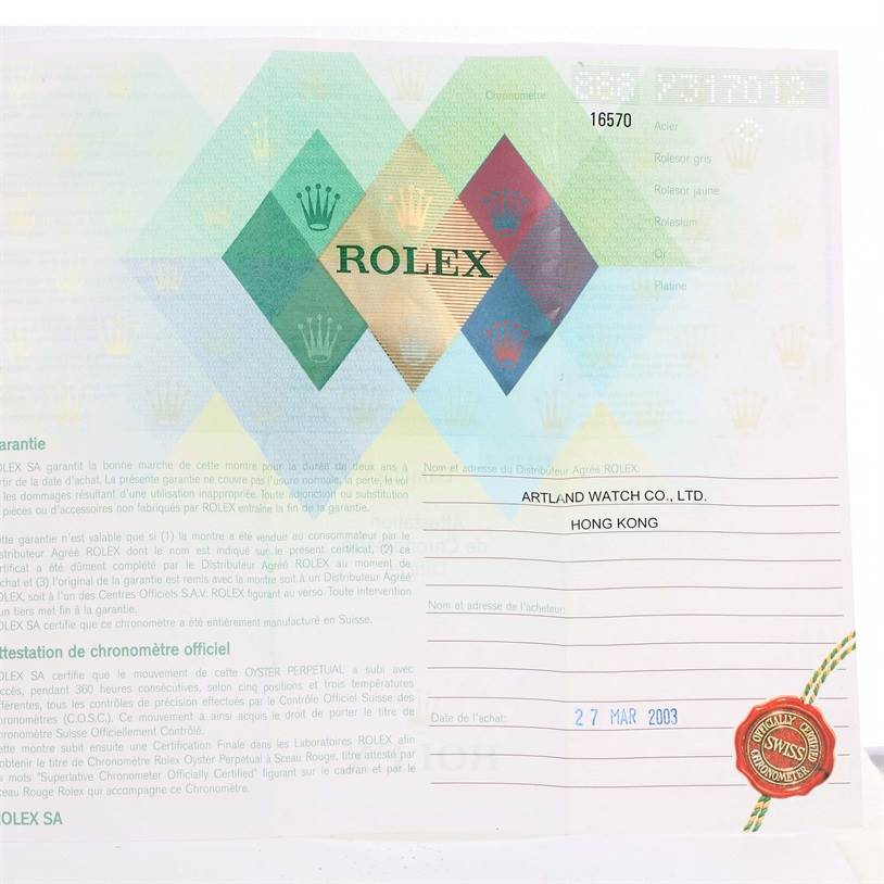 The image shows a warranty certificate for a Rolex Explorer 16570 Men's Stainless Steel White Dial 16570 Men's Stainless Steel White Dial model, including details like the distributor, purchase date, and model number.